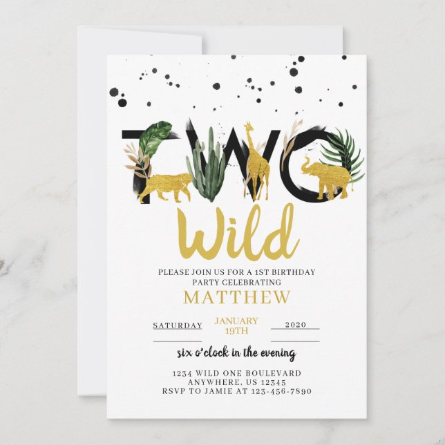 Two Wild Gold Safari Birthday Invitation (Front)