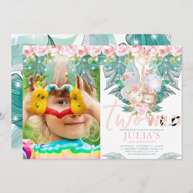 Two Wild Jungle Animals Birthday Photo Invitation (Front/Back)