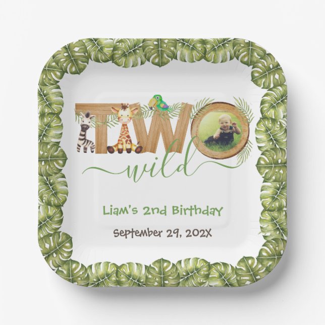 Two Wild Jungle Animals Photo Wood Second Birthday Paper Plate (Front)