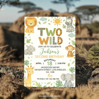 Two Wild Jungle Animals Safari 2nd Birthday Invitation