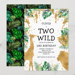 Two Wild Jungle Safari 2nd Birthday Gold Green Invitation