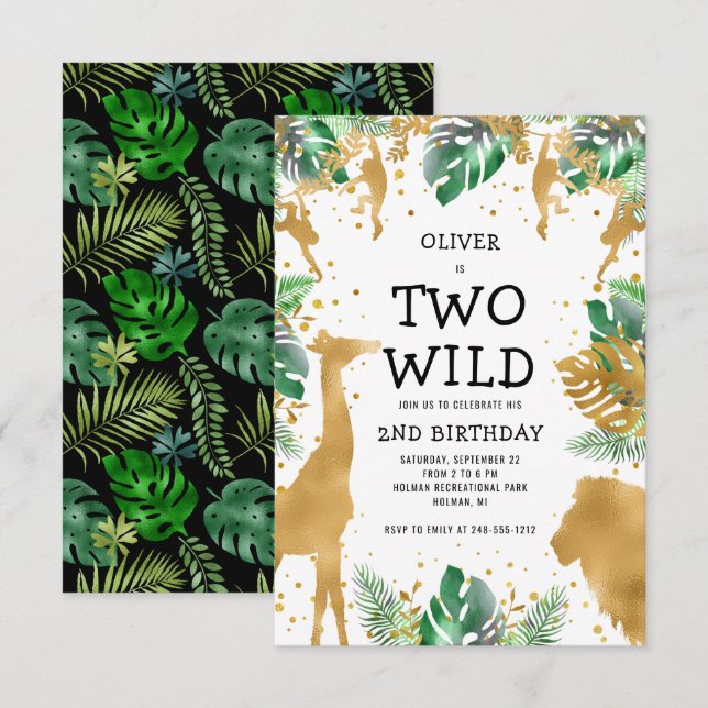 Two Wild Jungle Safari 2nd Birthday Gold Green Invitation (Front/Back)