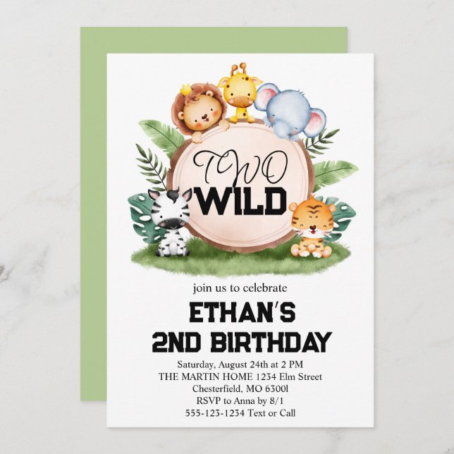 Two Wild Jungle Safari Animals 2nd Birthday Party  Invitation (Front/Back)