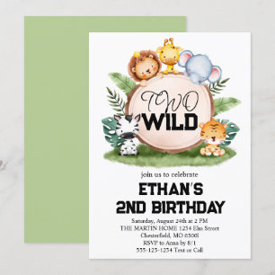 Two Wild Jungle Safari Animals 2nd Birthday Party  Invitation