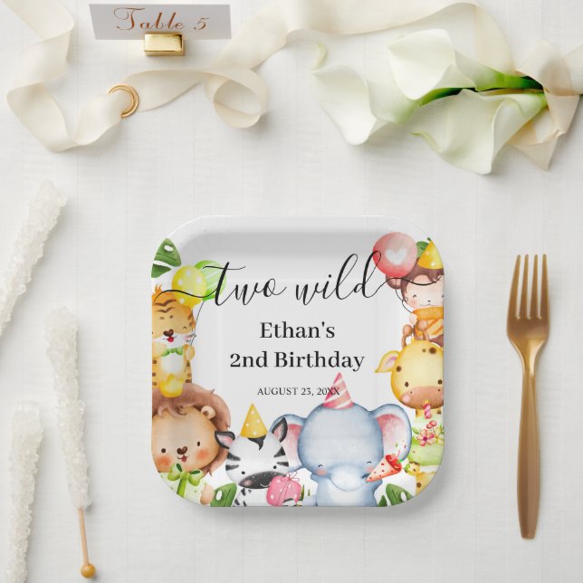 Two Wild Jungle Safari Animals 2nd Birthday Party Paper Plate (Wedding)