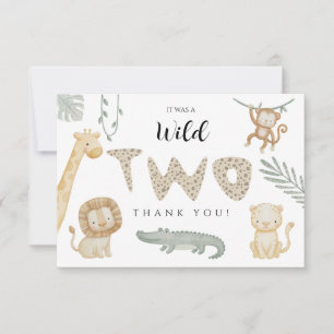 Two Wild Jungle Safari Animals 2nd Birthday  Thank You Card
