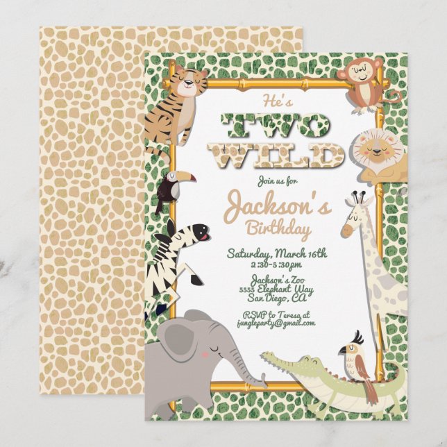 Two Wild Jungle Safari Birthday Party Invitations (Front/Back)