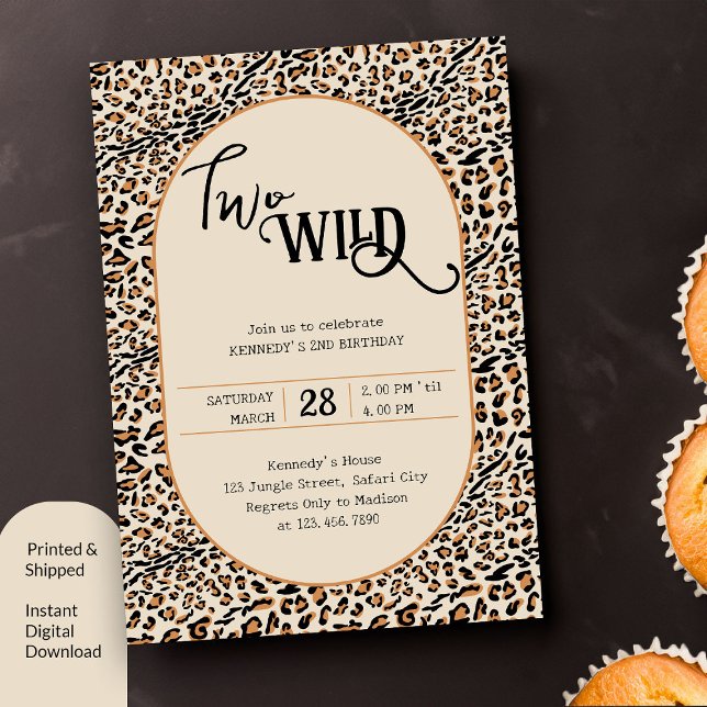 Two Wild Leopard Print Neutral 2nd Birthday Invitation (Two Wild 2nd Birthday Invitation with leopard print)