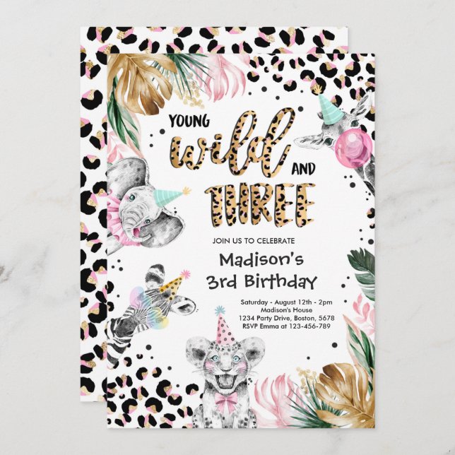 Two Wild Leopard Print Safari Animals Birthday Inv Invitation (Front/Back)