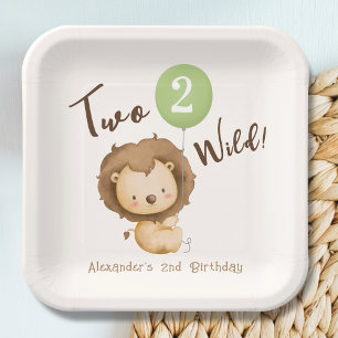 Two Wild Lion Sage Green Balloon Boy 2nd Birthday Paper Plate