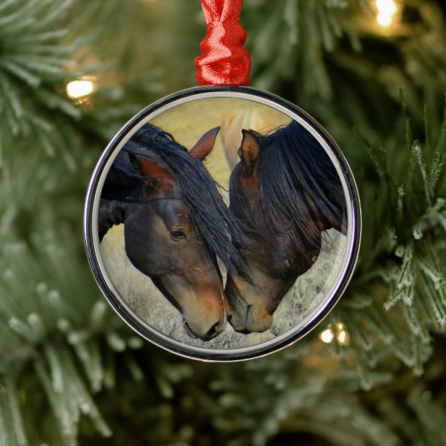 Two Wild Mahogany Bay Horses Touching Noses Metal Tree Decoration (Tree)