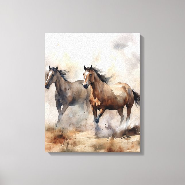 “Two Wild Mustangs ” Dusty Western Watercolour Canvas Print (Front)