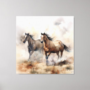 “Two Wild Mustangs ” Dusty Western Watercolour Canvas Print