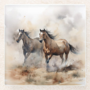 “Two Wild Mustangs ” Dusty Western Watercolour Glass Coaster