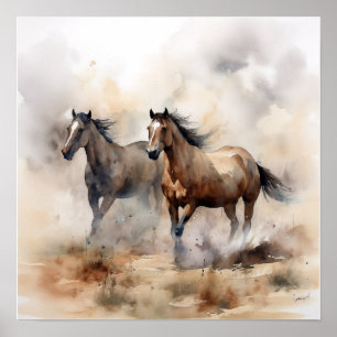 “Two Wild Mustangs ” Dusty Western Watercolour Poster