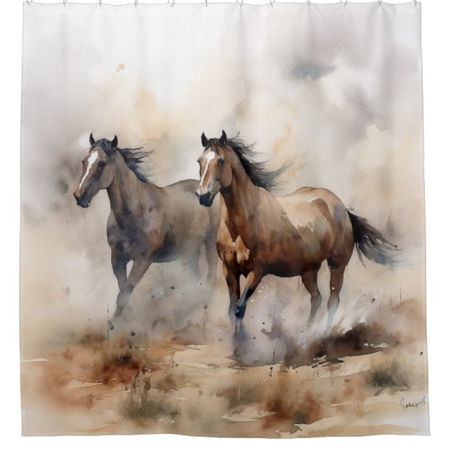 “Two Wild Mustangs ” Dusty Western Watercolour Shower Curtain (Front)
