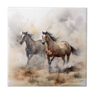 “Two Wild Mustangs ” Dusty Western Watercolour Tile