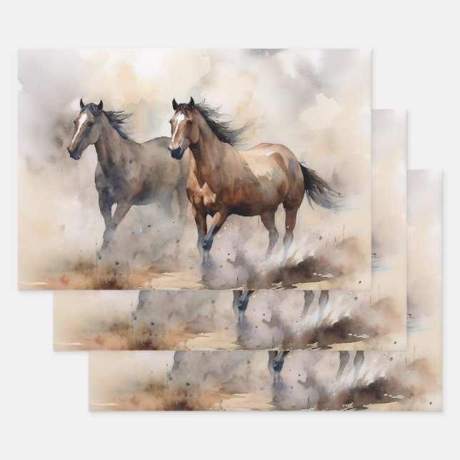 “Two Wild Mustangs ” Dusty Western Watercolour Wrapping Paper Sheet (Set)
