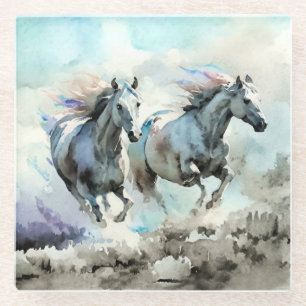 Two Wild Mustangs Race Against the Wind  Glass Coaster