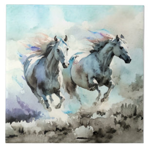 Two Wild Mustangs Race Against the Wind  Tile