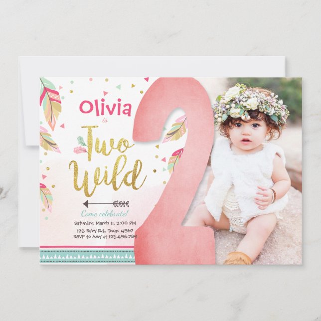 Two wild party invitation 2nd Birthday girl boho (Front)