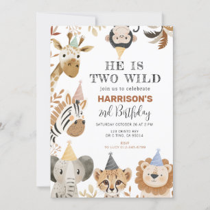 Two Wild Party Jungle Safari Animals Birthday  Invitation