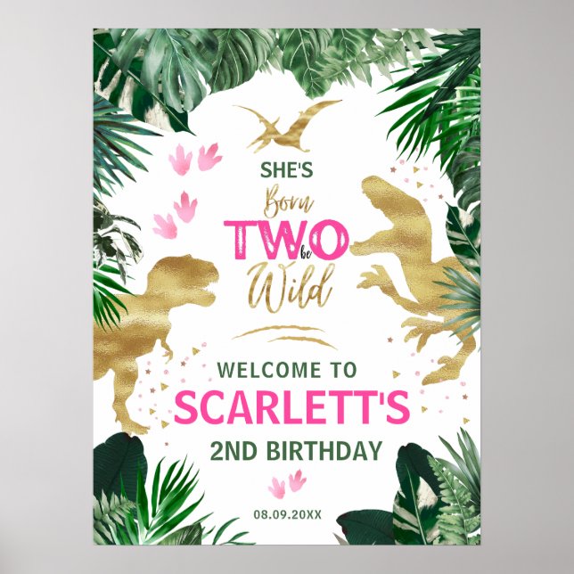 Two Wild Pink Dinosaur2nd Birthday Party Welcome Poster (Front)