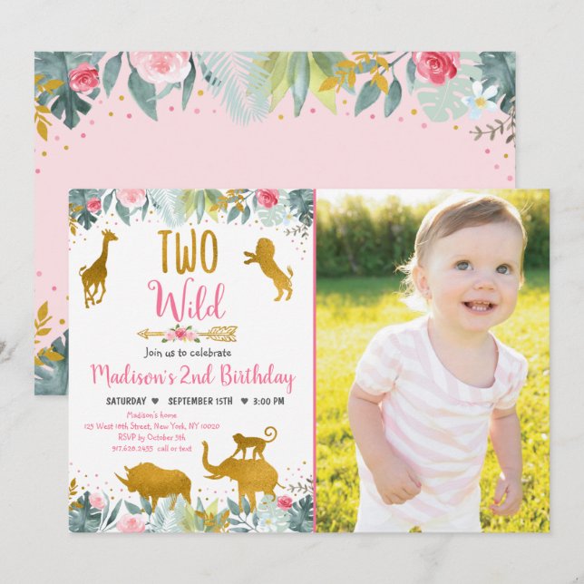 Two Wild Pink Gold Greenery Safari Birthday Invitation (Front/Back)
