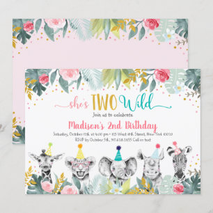 Two Wild Pink Gold Party Animal Birthday Invitation