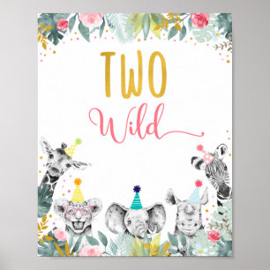 Two Wild Pink Gold Party Animal Birthday Sign