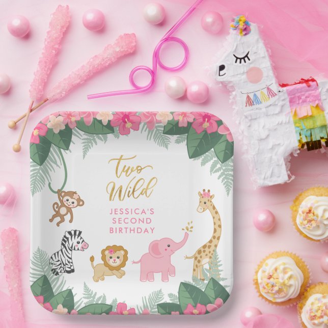 TWO WILD - Pink Safari Girl's SECOND Birthday Paper Plate (Party)