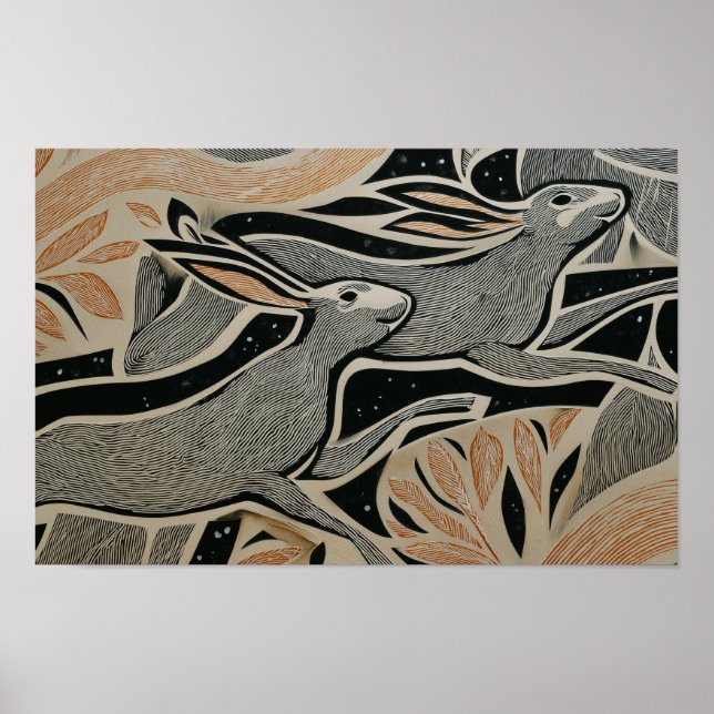 Two wild rabbits with woodcut textures poster (Front)