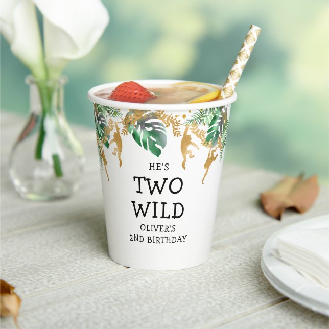 Two Wild Safari 2nd Birthday Green Gold White Paper Cups (Insitu)