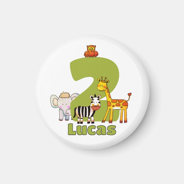 Two Wild Safari Animals 2nd Birthday Custom Name Magnet (Front)