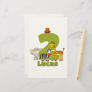 Two Wild Safari Animals 2nd Birthday Custom Name Stationery