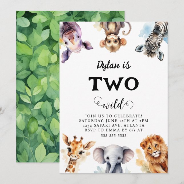 Two Wild Safari Animals 2nd Birthday Invitation (Front/Back)