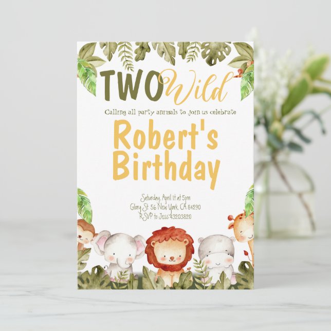 Two Wild Safari animals 2nd Birthday Invitation  (Standing Front)