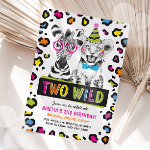 Two Wild Safari Animals 2nd Birthday Leopard Print Invitation