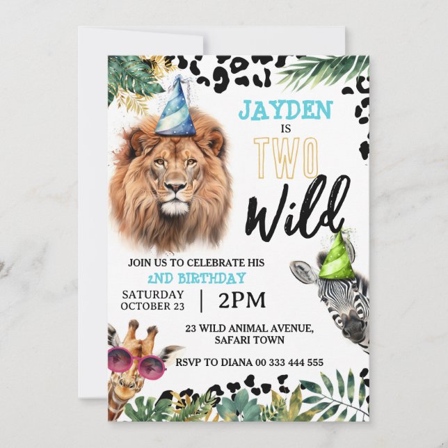 Two Wild Safari Animals 2nd Birthday Party Invitation (Front)