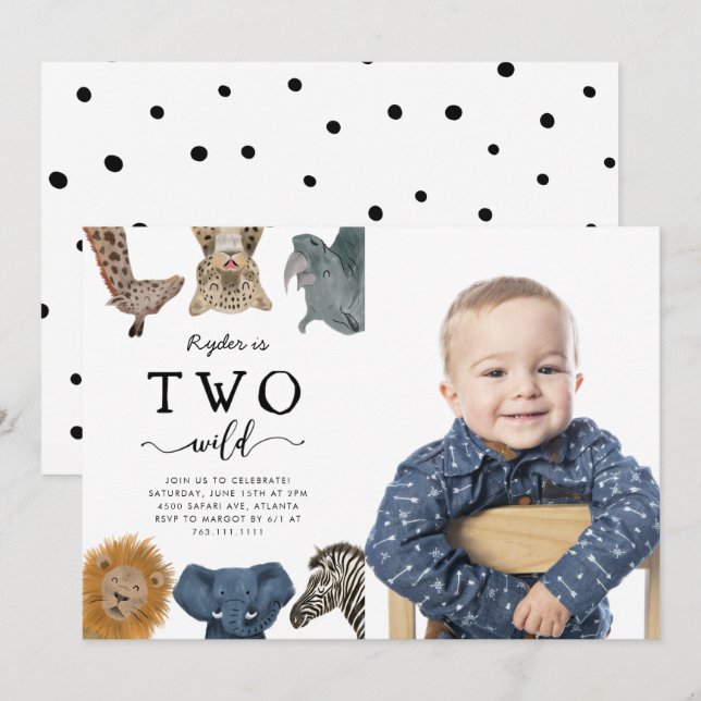 Two Wild Safari Animals 2nd Birthday Party Photo Invitation (Front/Back)