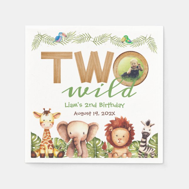 Two Wild Safari Animals 2nd Birthday Photo Wood  Napkin (Front)