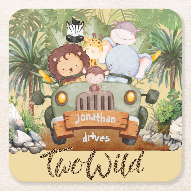 Two Wild Safari Animals Driving Car 2nd Birthday  Square Paper Coaster (Front)