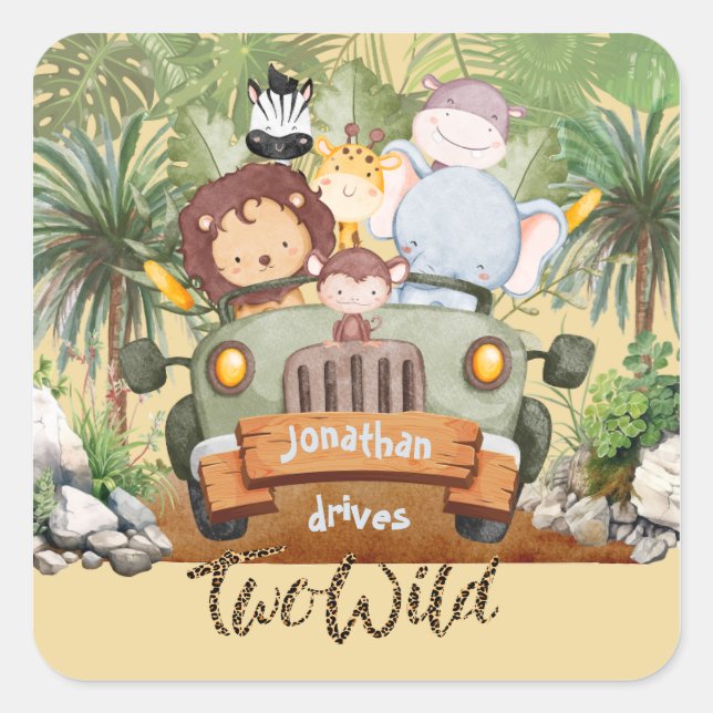 Two Wild Safari Animals Driving Car 2nd Birthday  Square Sticker (Front)