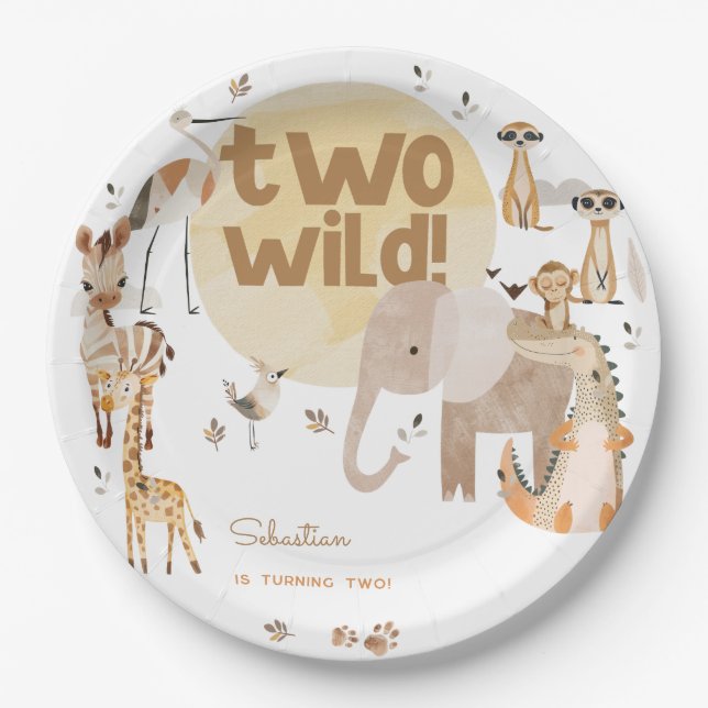 Two wild safari animals kids birthday  paper plate (Front)
