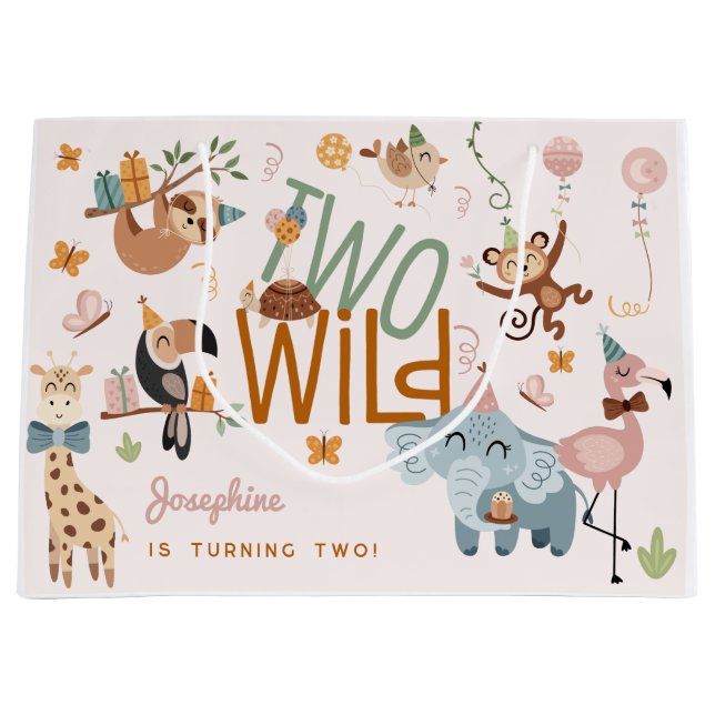 Two wild safari animals kids birthday party large gift bag (Front)