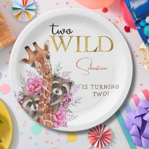 Two wild safari animals kids birthday party paper plate