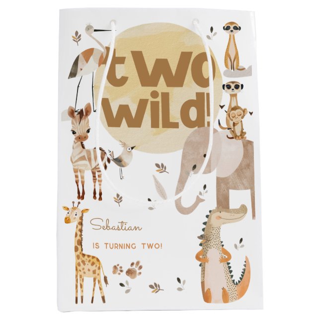 two wild safari animals kids second birthday medium gift bag (Front)