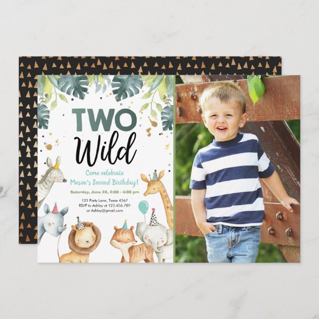 Two Wild Safari Animals Second Birthday Invitation (Front/Back)