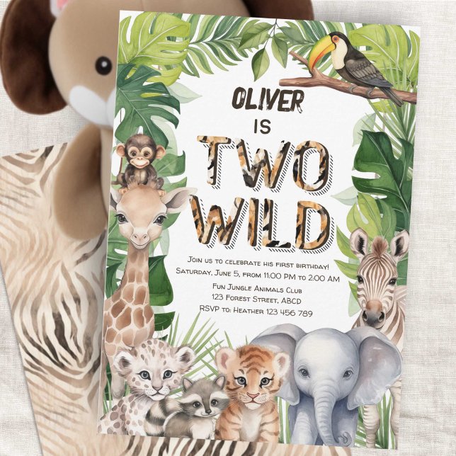 Two wild safari Animals themed boy 2nd birthday Invitation (Two Wild Boy 2nd Birthday Invitation, Safari Themed Jungle animals birthday invite.)