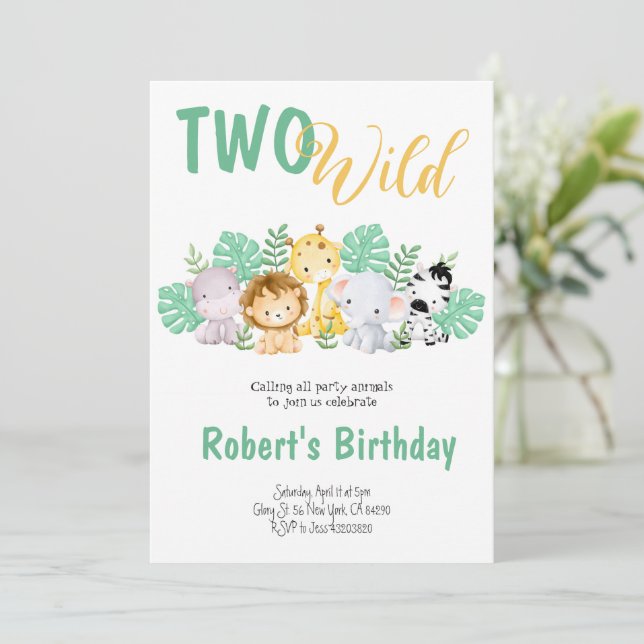 Two Wild Safari Baby Birthday Invitation  (Standing Front)